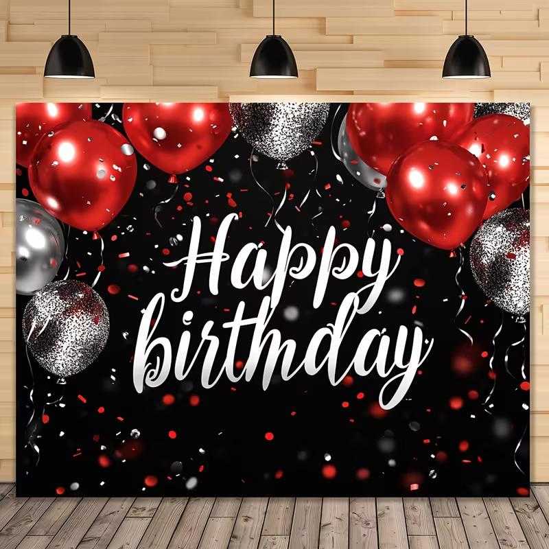 2D Red Silver Balloon Birthday Backdrop, Black Background with Confetti for Events