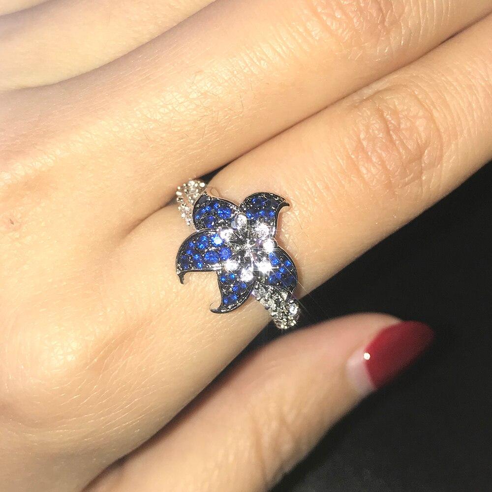 Shiny Blue Flower Zircon Ring For Women Engagement Wedding Ring