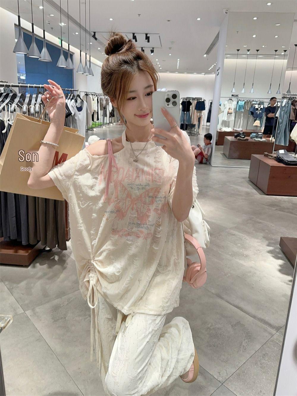 

Шикарная летняя футболка с принтом на кулиске с открытыми плечами – Женский модный топ с короткими рукавами нового стиля M