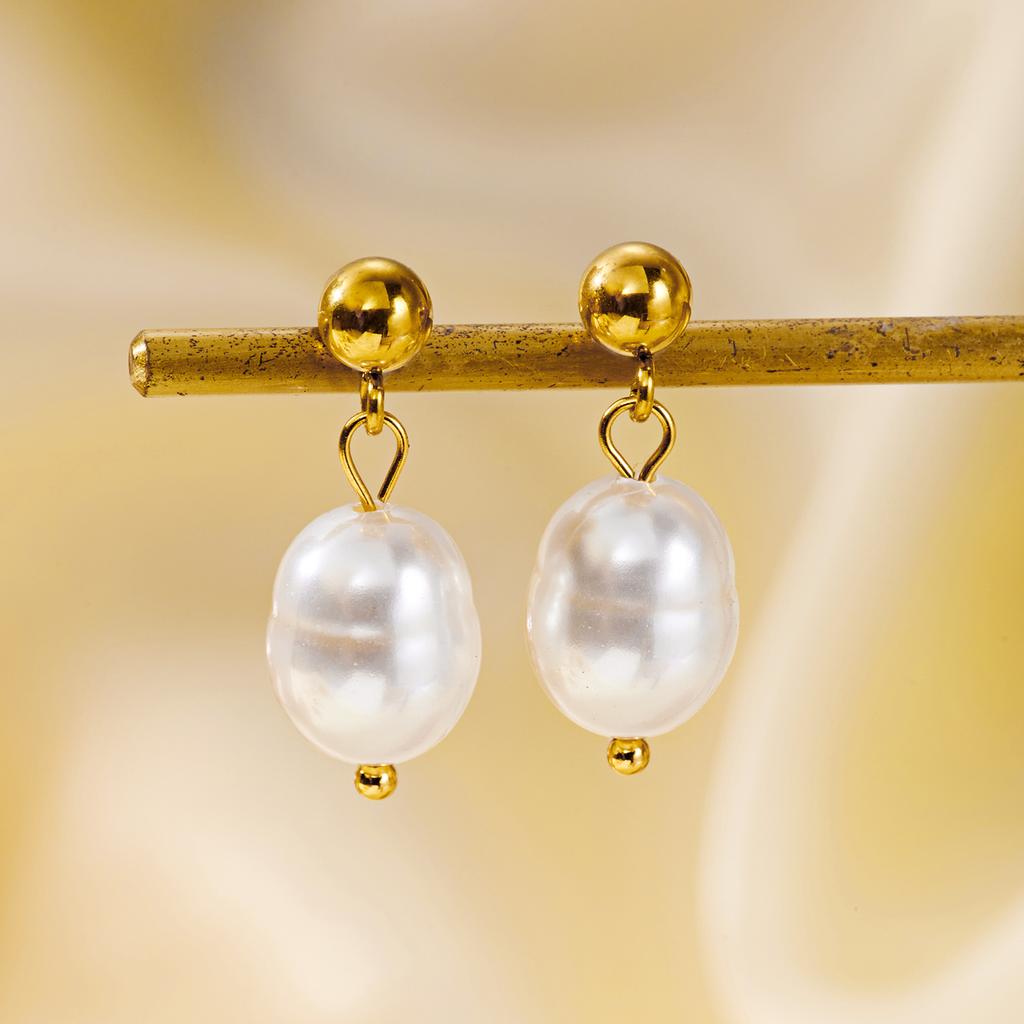Dainty Stainless Steel Ball Stud Pearl Dangle Earrings for Women Vintage Luminous Warm Glow Clean Fit Aesthetic Jewelry Gifts