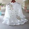 Literary  Shirts for Women Embroidery Flowers Woman Blouses V-neck Half Sleeve Lace Blouses Summer Thin Top Shirt