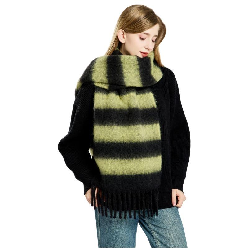 Striped Winter New Thickened Warm Scarf Women's Simple High Sense Versatile Fashion Fringed Scarf Shawl