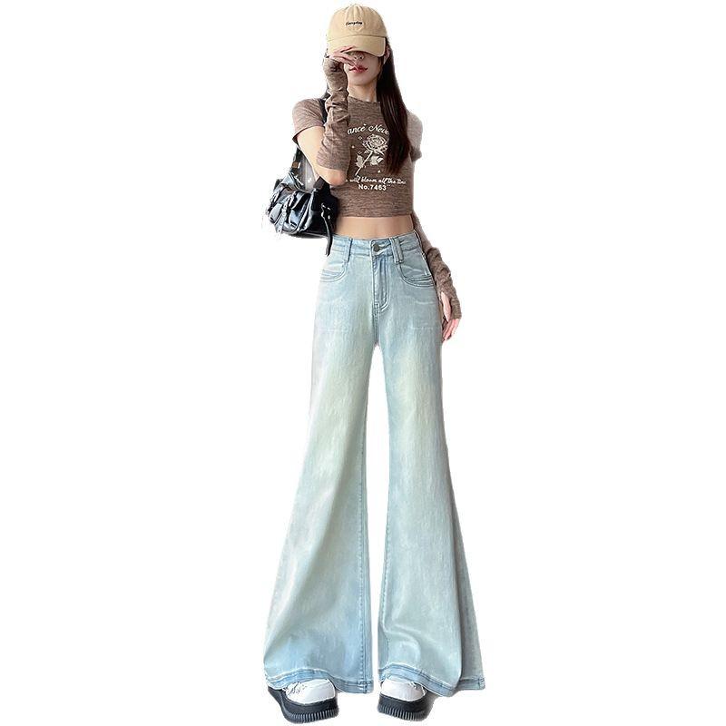 Spring 2025 Women's Light Blue High-Waisted Floor-Length Micro-Flare Jeans