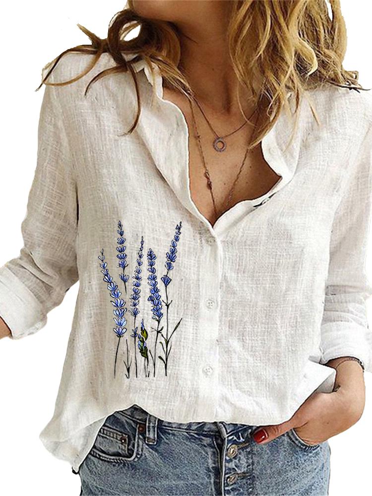 Women Fashion Long Sleeve Shirt Loose Cotton Linen Top Ladies Casual Print Blouses