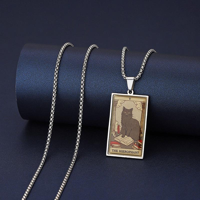 Stainless Steel Epoxy Cat Tarot Card Pendant Necklace For Men Boys Animal Divination Jewelry