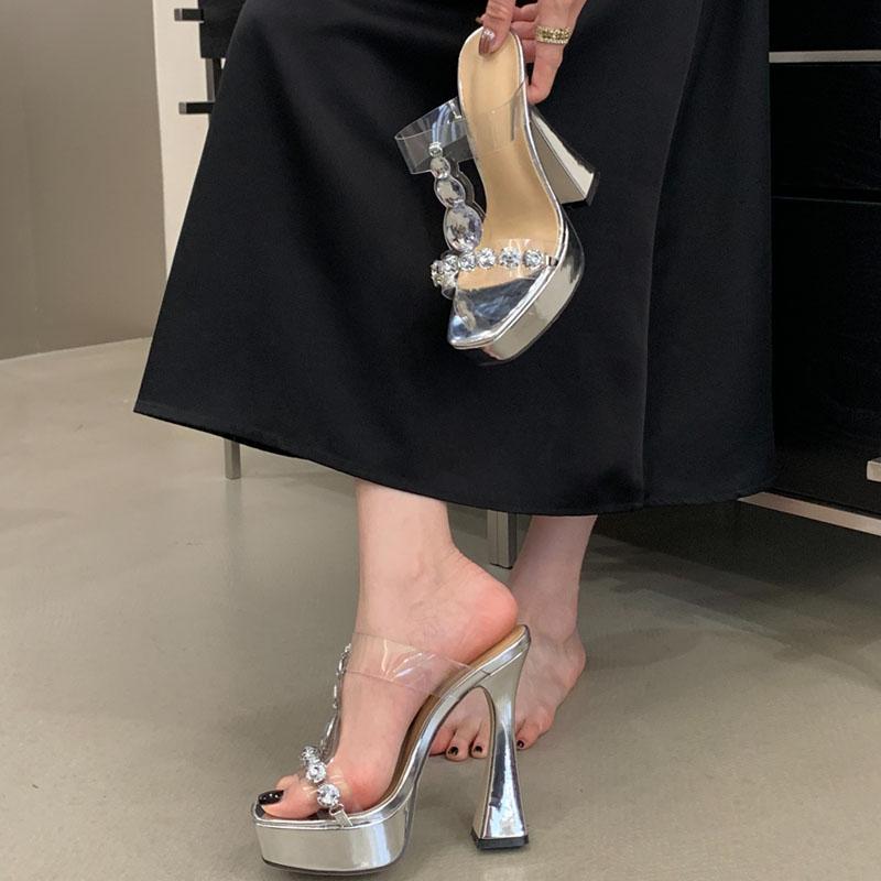 Pesstwei Street Style PVC Transparent Crystal Square Toe Women Slippers Fashion Summer High Heels Party Banquet Shoes