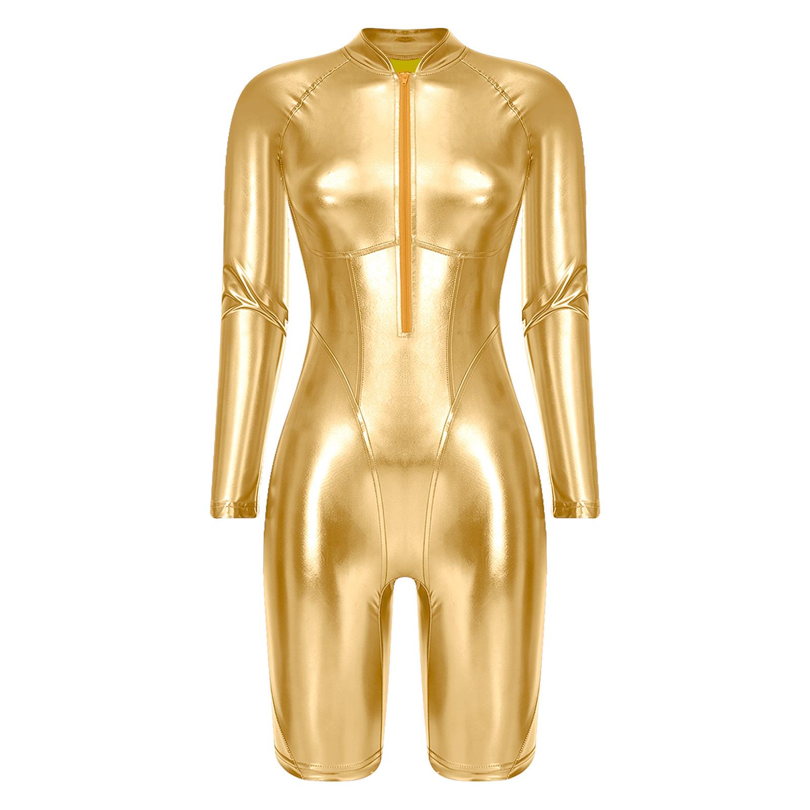 Damen Metallisch Glänzend Rollkragen Langarm Kurzer Unterteil Einteiler Bodysuit Performance Jumpsuit S gold