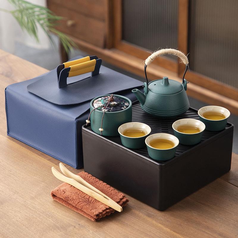 Japanese-style black pottery outdoor portable travel tea set, beam pot, dry tea tray, business company gift
