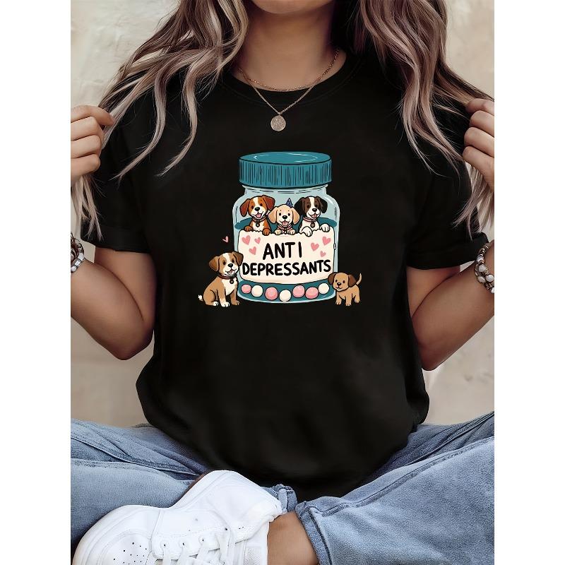 Plus Size Women s ANTI DEPRESSANTS Cute Dog Print Tee Black Short Sleeve Crew Neck Casual Top S чёрный