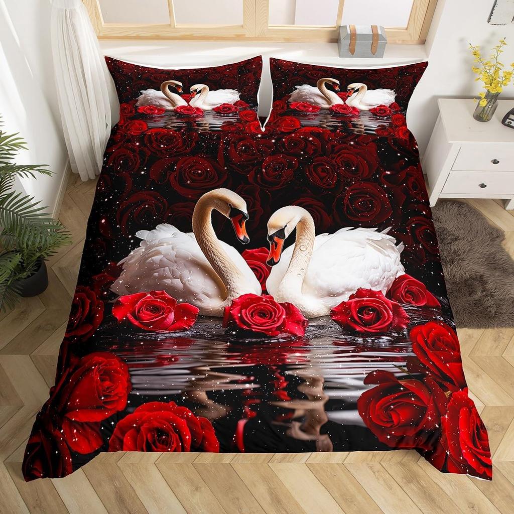 Red Rose Beding Set White Swan Soft Duvet Cover Quen Wild Animal Romantic Flower Warm Comforter Cover for Young Girls Woman Lady Weding Decor