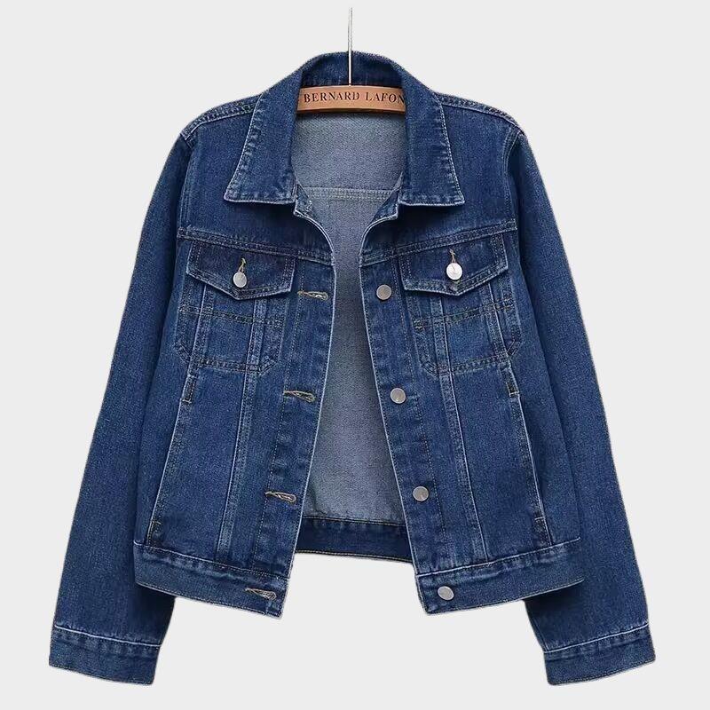 

Женская стираная утягивающая укороченная джинсовая куртка - Универсальный кардиган с длинным рукавом и стильный топ M (90-100 lbs) темно-синий