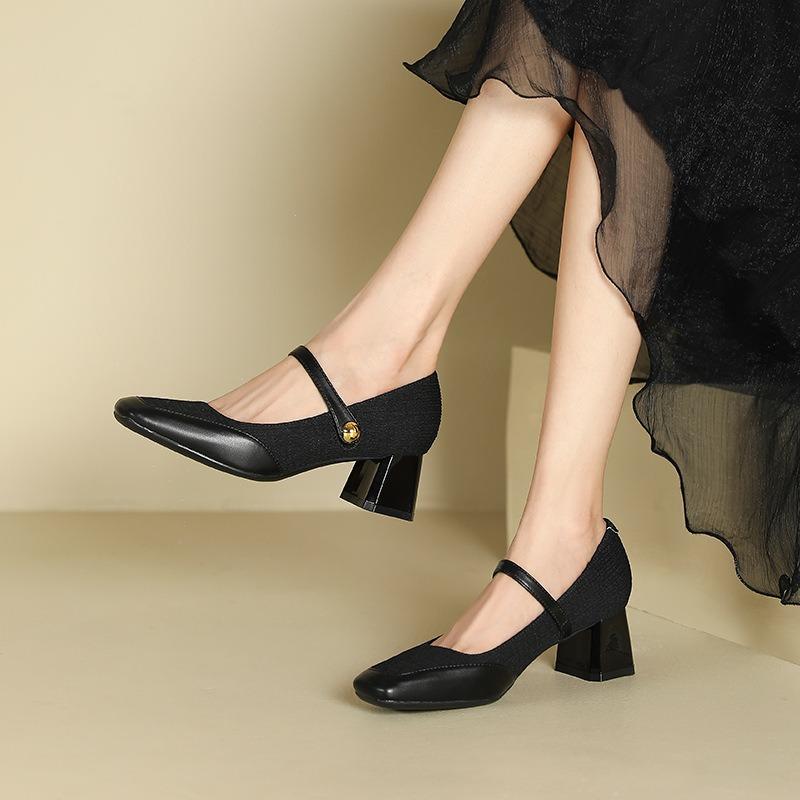 9-2 one-word square head thick heel single shoes women's autumn new shallow mouth middle heel professional commuter work women's shoes