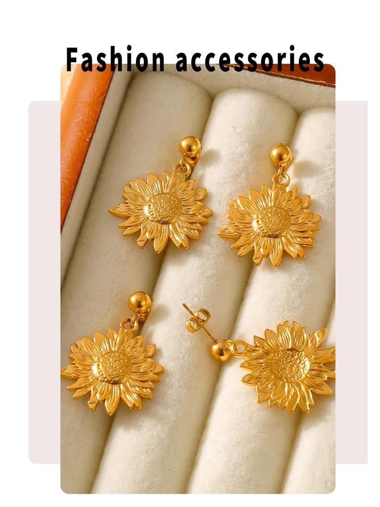 Exaggerated Titanium Steel Sunflower Earrings for Women - Retro High-End Studs