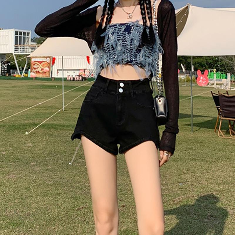 

Облегающие А-силуэта черные джинсовые шорты для женщин в весенне-летний период Новый стиль, чтобы они выглядели стройными и универсальными С высокой талией XL чёрный