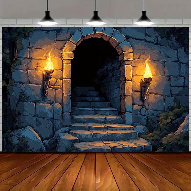 

2D Dark Castle Stone Stairs Backdrop Torchlit Wall Background for Cosplay & Horror Themed Party Banner 47.2x31.5inch/120*80cm