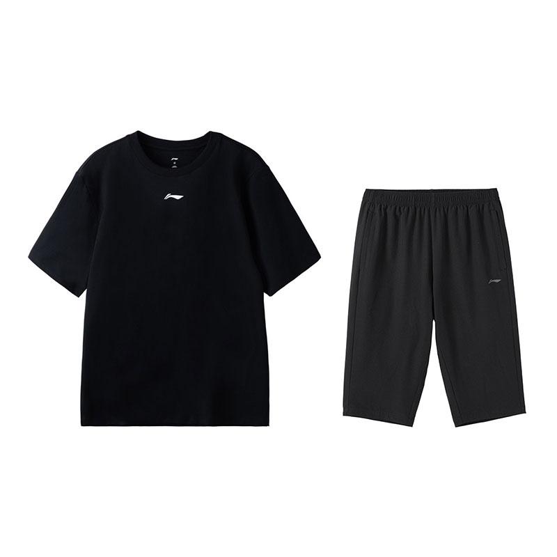 Li-Ning Summer Short Sleeve T-Shirt Comfortable Casual Three Quarter Pants Sports Set Men Sets Black W773-1+W025-1