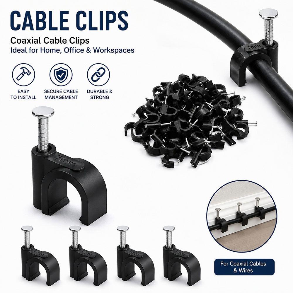 100Pcs/Set 4-16mm Round Cable Wire Clips Black Steel Nails Cable Tacks Cable Management Wall Mountable Nail In Cable Clips
