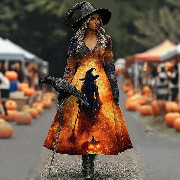 New Women's Autumn Dress Long Sleeve Halloween Dress V-Neck Splicing
