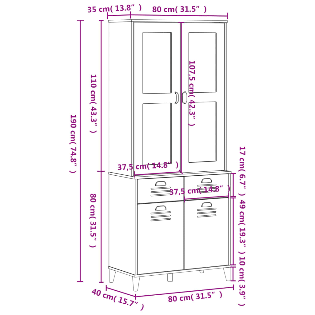 Highboard VIKEN White 80x40x190 cm Solid Pine Wood
