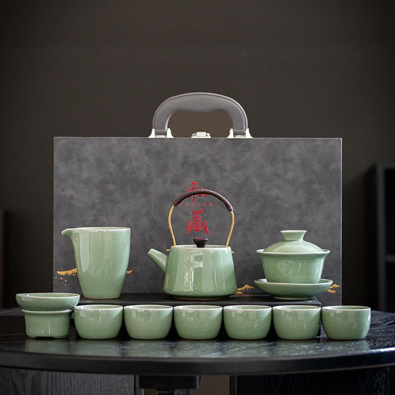 Set da tè in ceramica Ge kiln azzurro, teiera a trave, tazza coperchio, set completo di regali per eventi, teiera commerciale, scatola regalo per tazz