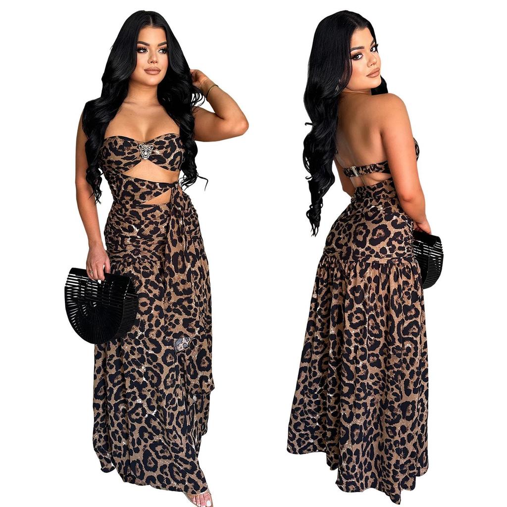 C7501 Leopard Print Off-Shoulder Backless Dress - Women's Sexy European & American Fashion