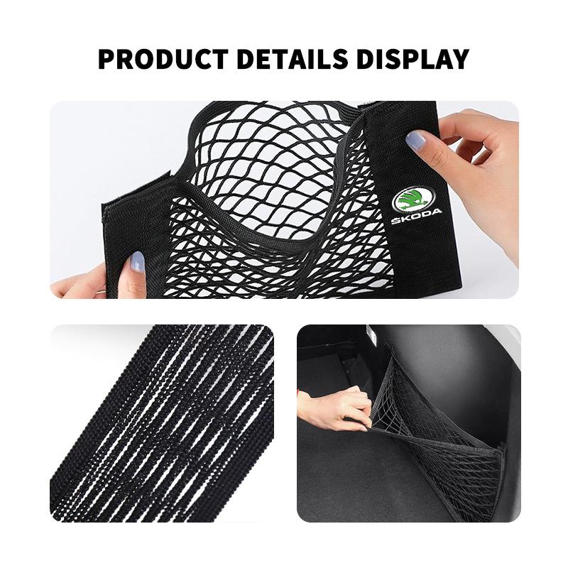AAAJE1 Car Rear Trunk Net Mesh Elastic Nylon Back Cargo Storage Organizer Holder Auto Accessories For Skoda Fabia Kamiq Superb Scala