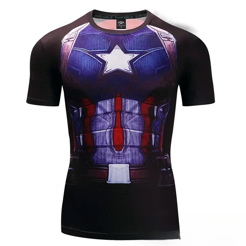 Men's 3D Printed Superhero Captain America Sports Short-Sleeved T-Shirt Quick-Dry Compression Running Sports Shirt Summer