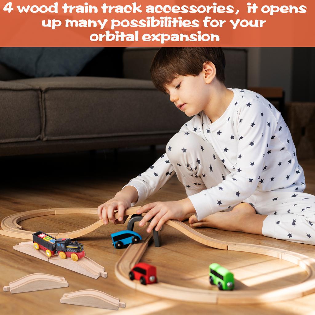 4Pcs Wood Train Track Expansion Packs Rollings Hills Ascending Wooden Train Track Pieces Wooden Train Track Train Bridge Pier Tr