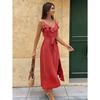 European summer new solid color elegant ruffle edge strap split suspender medium and long dress women