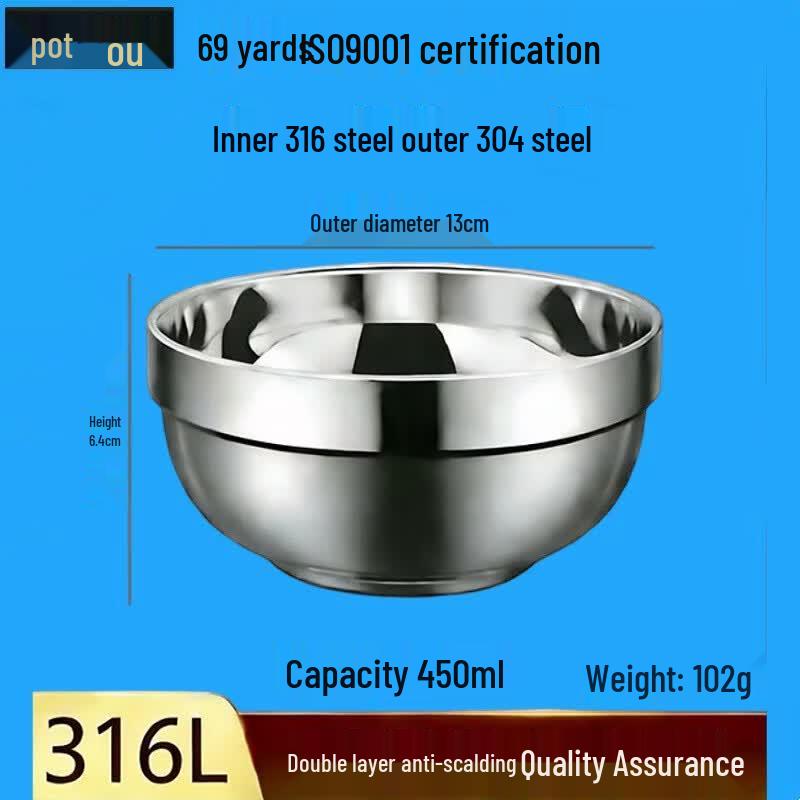 Fouo 316/304 Stainless Steel Double-Layer Rice Bowl