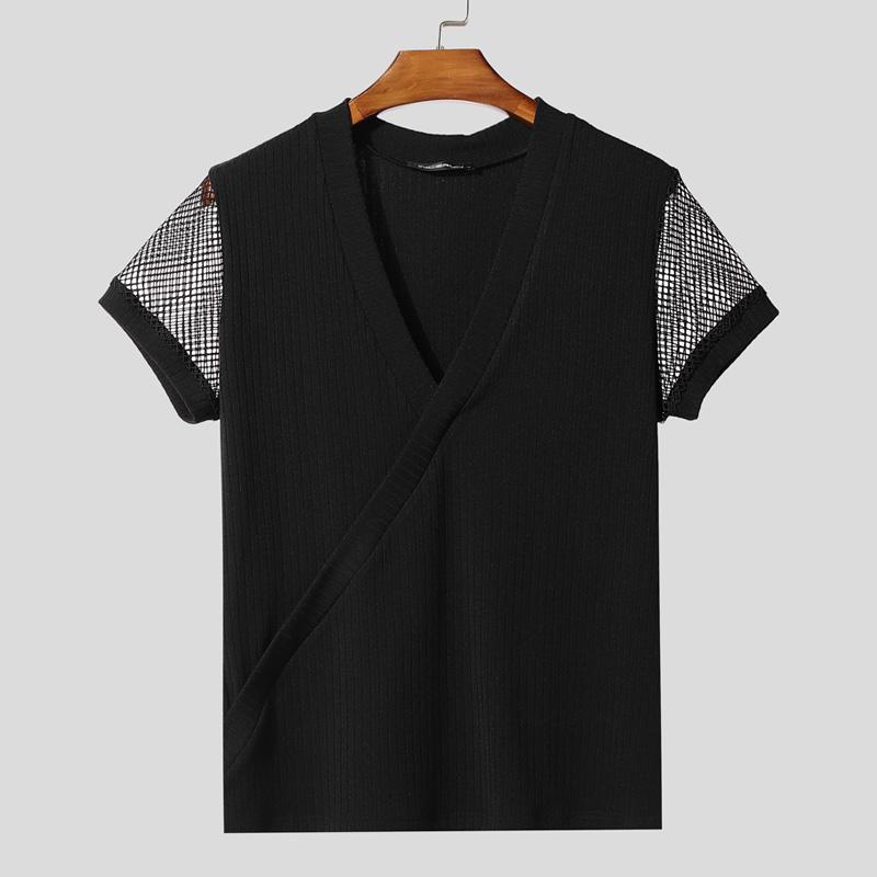 

INCERUN Мужские футболки с V-образным вырезом, сетчатыми вставками, короткими рукавами, прозрачной передней частью и перекрещенными деталями S чёрный