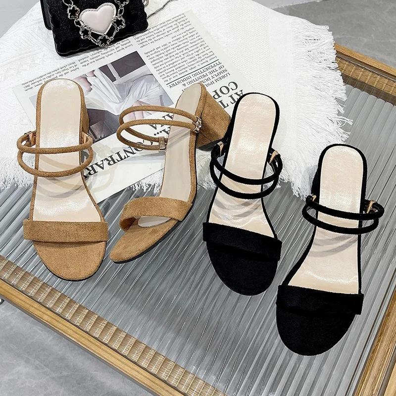 

Летние женские босоножки с открытым носком, дикие босоножки на толстой замше, на среднем каблуке, два босоножка с женскими сандалиями