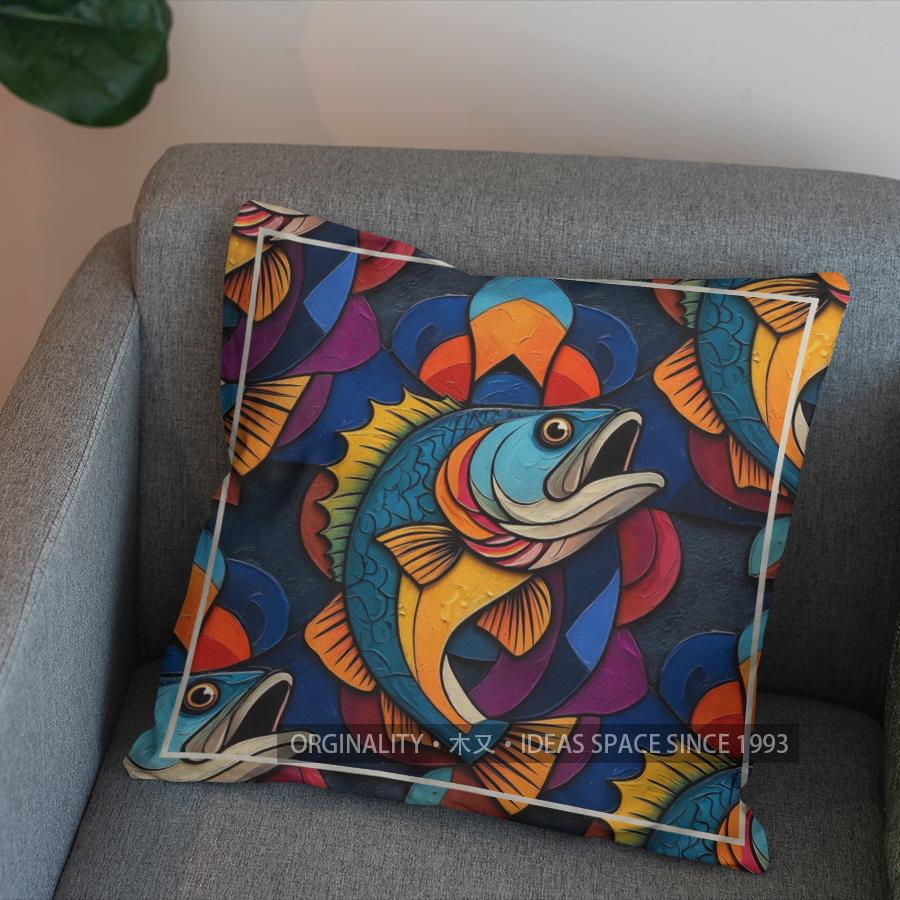 2D Colorful Fish Pattern Decorative Throw Pillow Pattern Cushion Cover Suitable For Sofa Bedroom Car Pillow Cover