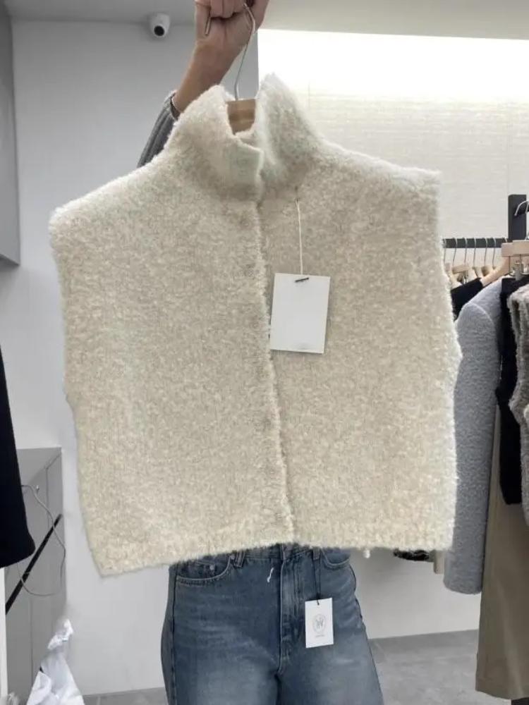 Frühling 2025 Damen Strick-Offener Cardigan Pullover Stehkragen Ärmellose Weste Designgefühl Koreanisch Lässig Pendler Passform Oberbekleidung Neu