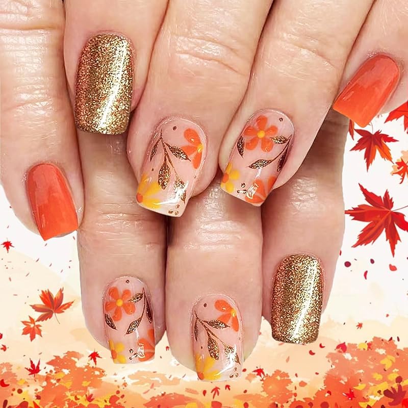Thanksgiving Press ons Fingernails 24Pcs Maple Leaf Press on Nails Fall Leaves Stick on Nail Glossy Orange Maples Medium Square False Nail Cartoon Maple Leaf 9