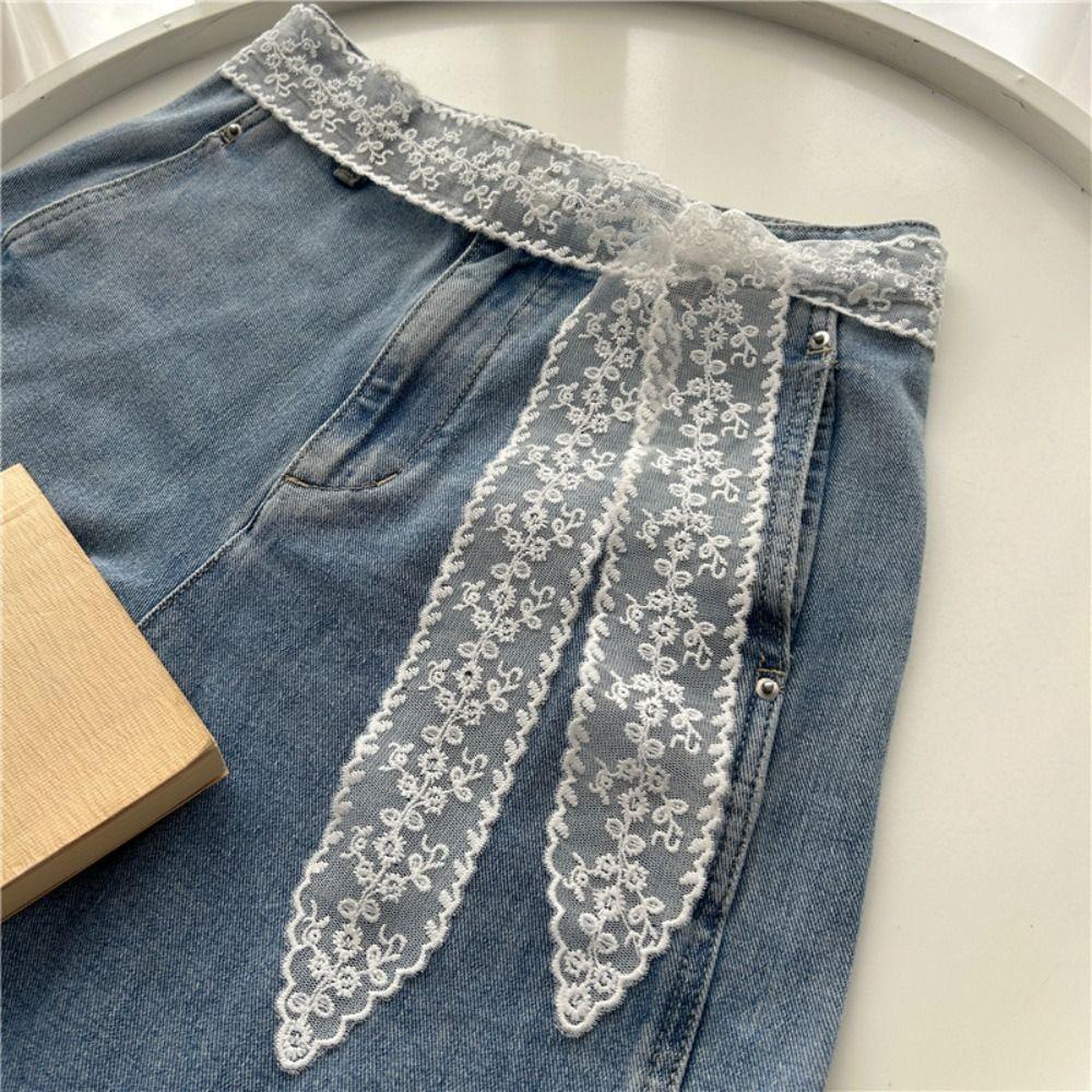 White Sweet Lace Belt Flowers Embroidery Bow Tie Bohemian Waist Chain Waist Decoration Sweet Scarf Body Decor Accessories