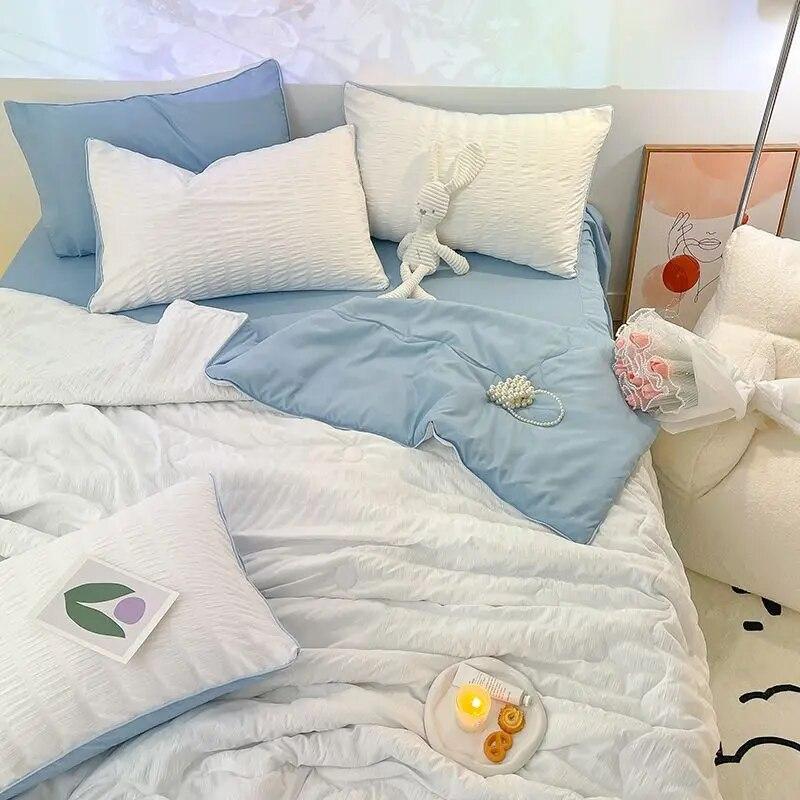 Sommerkühlende dünne Steppdecke, Bettlaken mit Kissenbezügen, 4-teilig, leichte Bettdecke, Bettröcke, Bettwäscheset, Tagesdecke, Heimtextilien