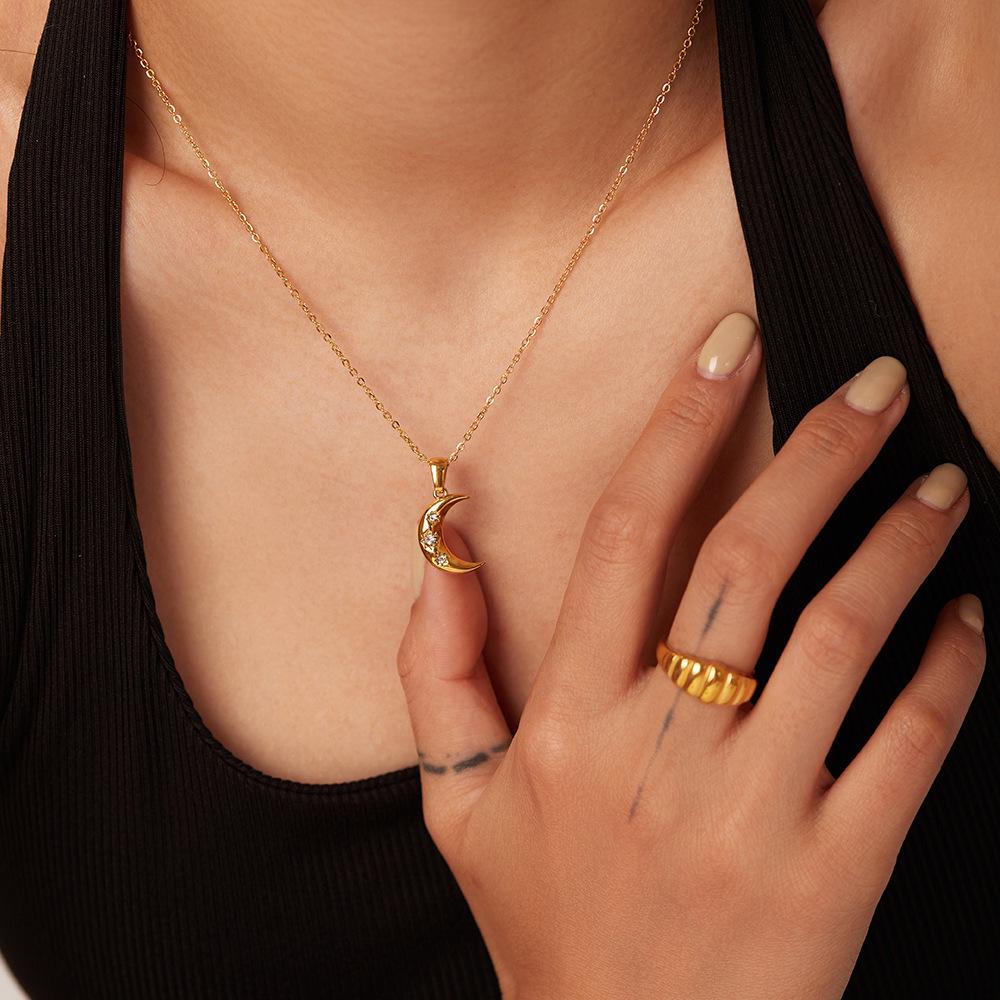 18K Gold Plated Stainless Steel Necklace Set with Triple Zircon Moon Pendants - Women's European/American Influencer Style