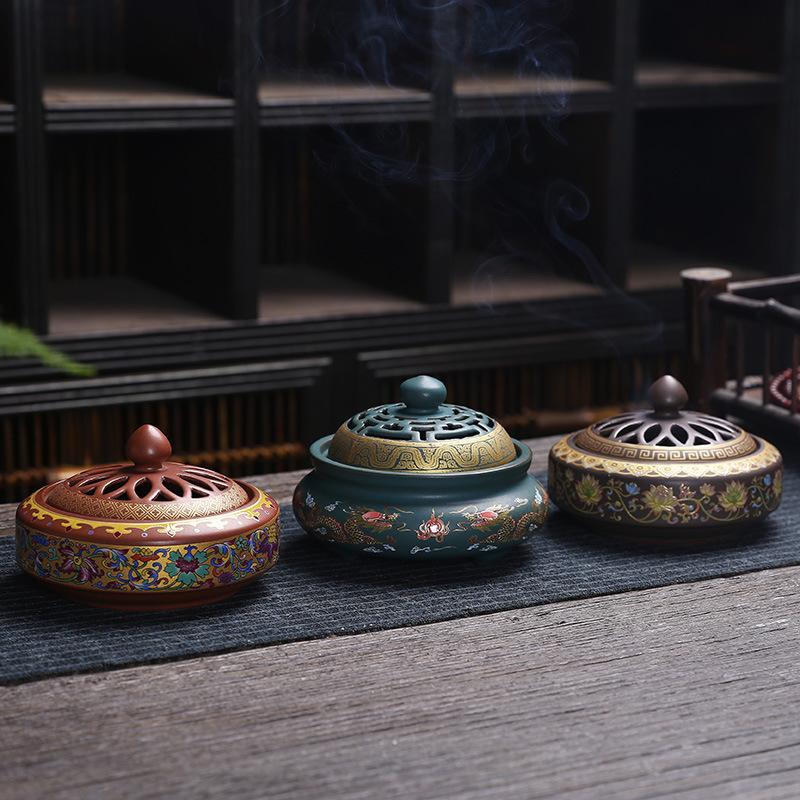 Ceramic Lotus Incense Burner  Enamel Painted Coil Holder Home Fragrance Lotus Burner Celadon Sandalwood Plate Aromatherapy Tower
