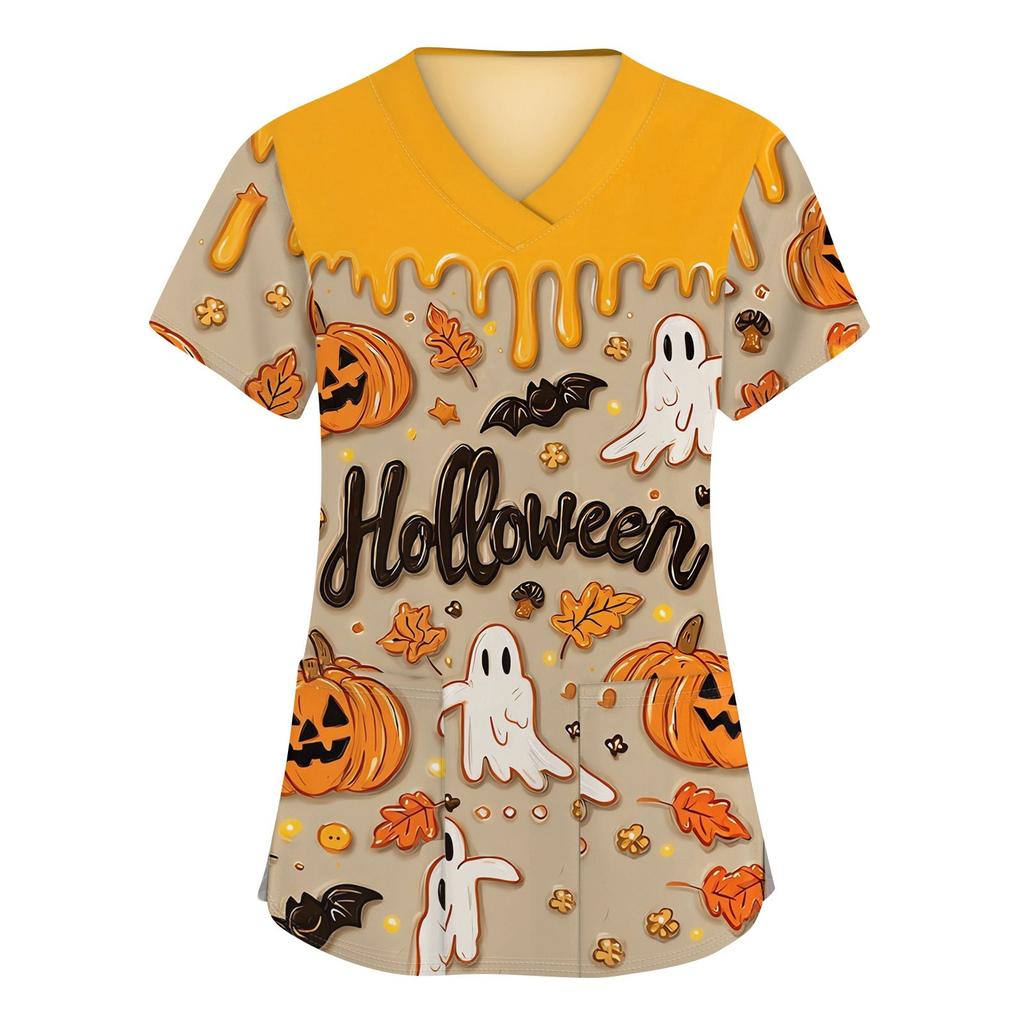 Damenmode V-Ausschnitt Kurzarm Arbeitskleidung mit Taschen Halloween bedruckte Tops