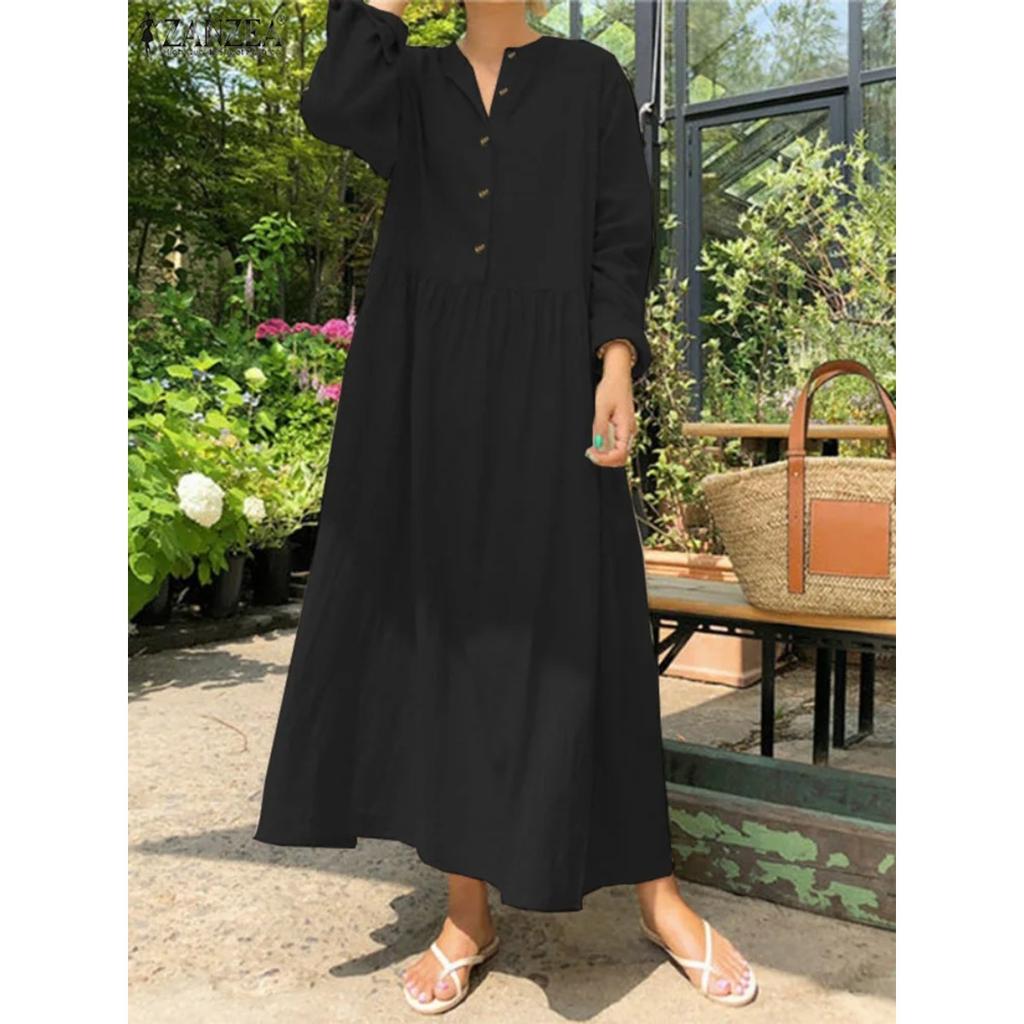 Women's Elegant Solid Cotton Robe Femme Maxi Dress Casual Long Sleeve Shirt Dresses Oversized