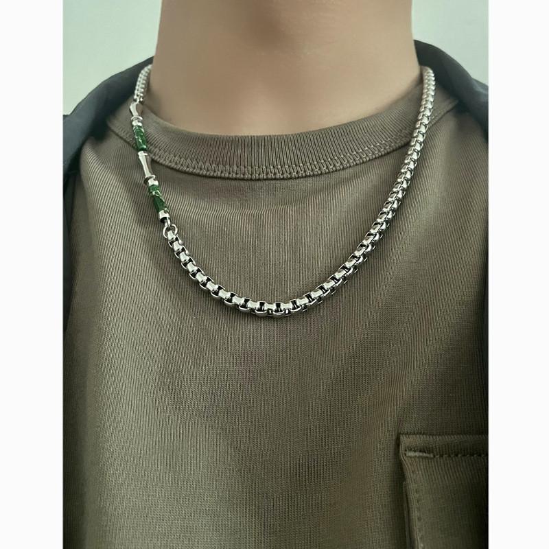Stainless Steel Geometric Necklace For Men With Green Bamboo Beads Handmade Vintage Style