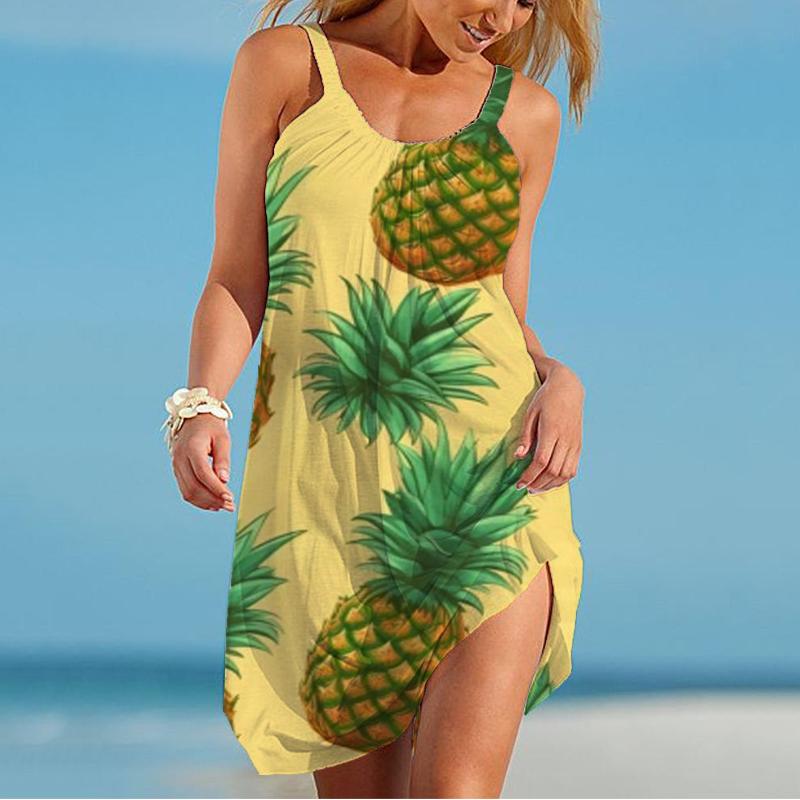 Rochie cu bretele nouă de vară pentru doamne cu imprimeu 3D ananas Rochie camisolă pentru doamne Rochie cu bretele casual la modă pentru doamne