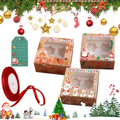 12 Stück Weihnachtsmann Geschenkpapierboxen mit Band & Karte Weihnachtliche Cupcake-Boxen Herausnehmbare Einlage Süße Weihnachtsmann Geschenkbox für 4 Kuchen