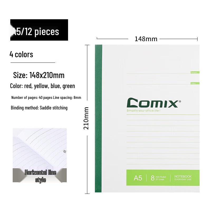 COMIX C4503 A5 Soft Cover Notebook, 40 Pages, 12-Pack