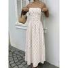 Damen Gepunktete Trägerlose Sommerkleider, Elastischer Rücken Gerafft Strandurlaub Outfits Vintage Elegant Maxikleid