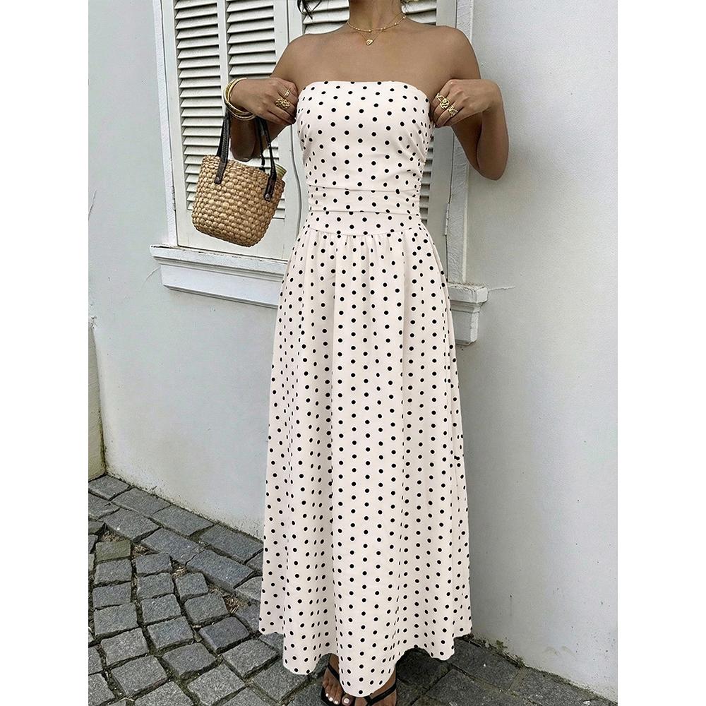 Damen Gepunktete Trägerlose Sommerkleider, Elastischer Rücken Gerafft Strandurlaub Outfits Vintage Elegant Maxikleid
