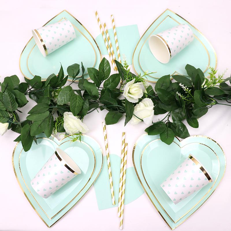 Mint Green Gold Disposable Tableware Party Napkins Paper Plates Straw Cup Kids Birthday Party Supplies Favor Wedding Decoration