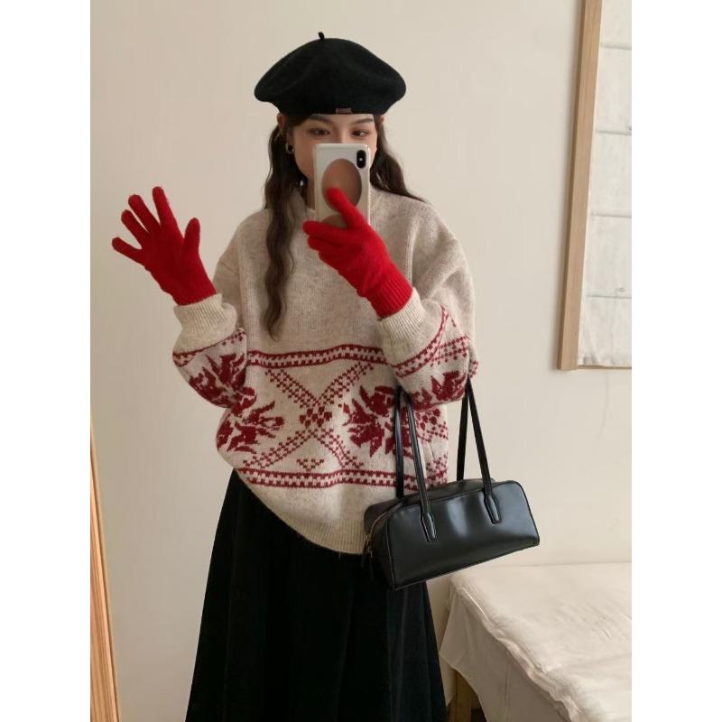 Vintage Christmas knitted pullover sweater for women's red autumn and winter new lazy wind loose soft waxy knitted sweater for women