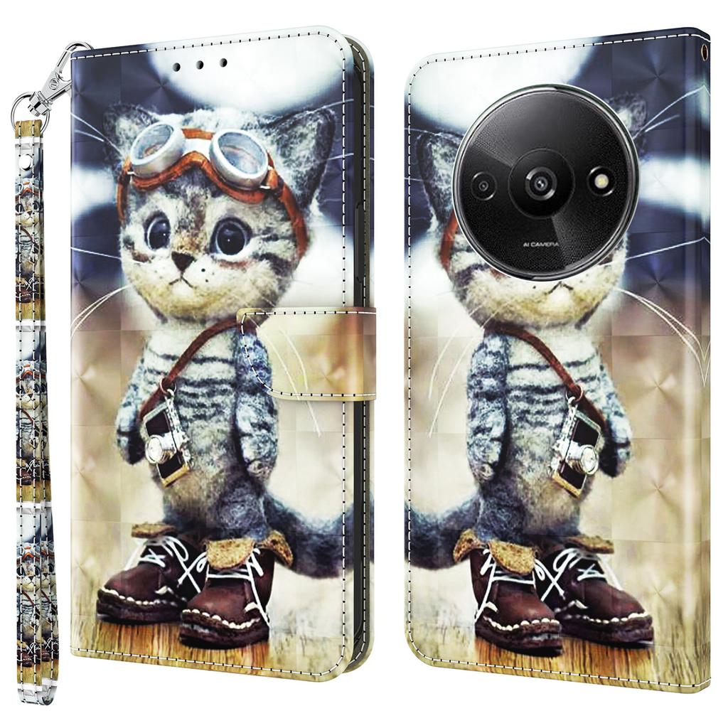 Pro Xiaomi Redmi A3/Poco C61 4G Pouzdro na telefon 3D Vzor Tisk Magnetická Spona Kožený Kryt Peněženky